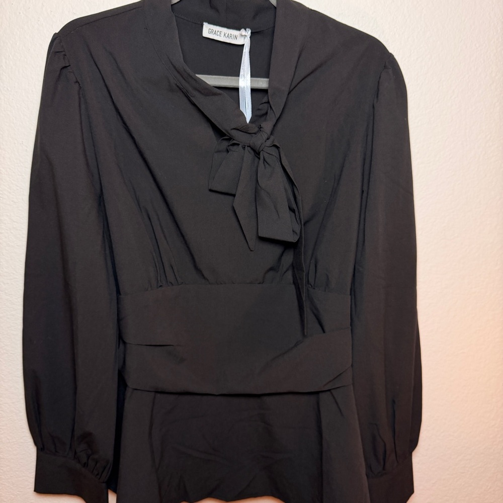 Elegant Black Tie Neck Blouse XL NWT Office‎ Siren Workwear Chic Bow Top Staple